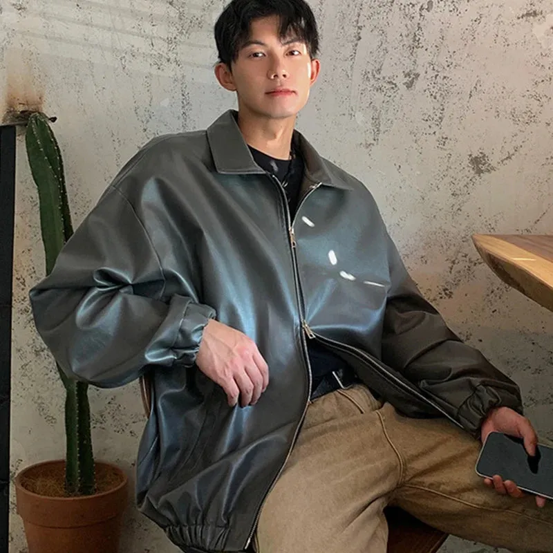 Wiaofellas  -  fall outfits men Men's Casual Texture PU Leather Jacket High Street Zipper Turn-down Collar Solid Color Long Sleeve Retro Coat Autumn M-3XL