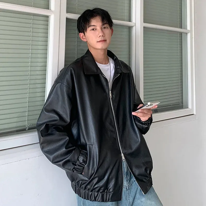 Wiaofellas  -  fall outfits men Men's Casual Texture PU Leather Jacket High Street Zipper Turn-down Collar Solid Color Long Sleeve Retro Coat Autumn M-3XL