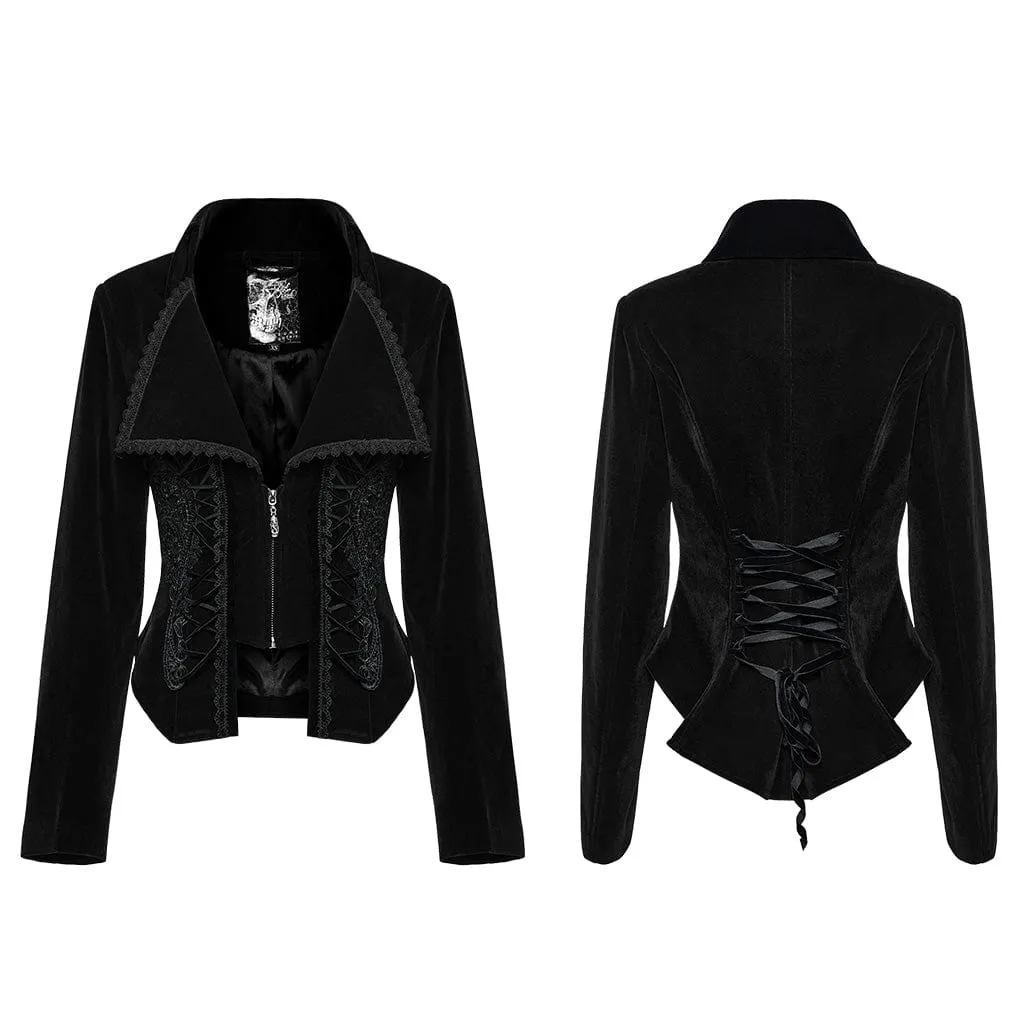Women's Gothic Turn-down Collar Lace-up Velvet Coat Black